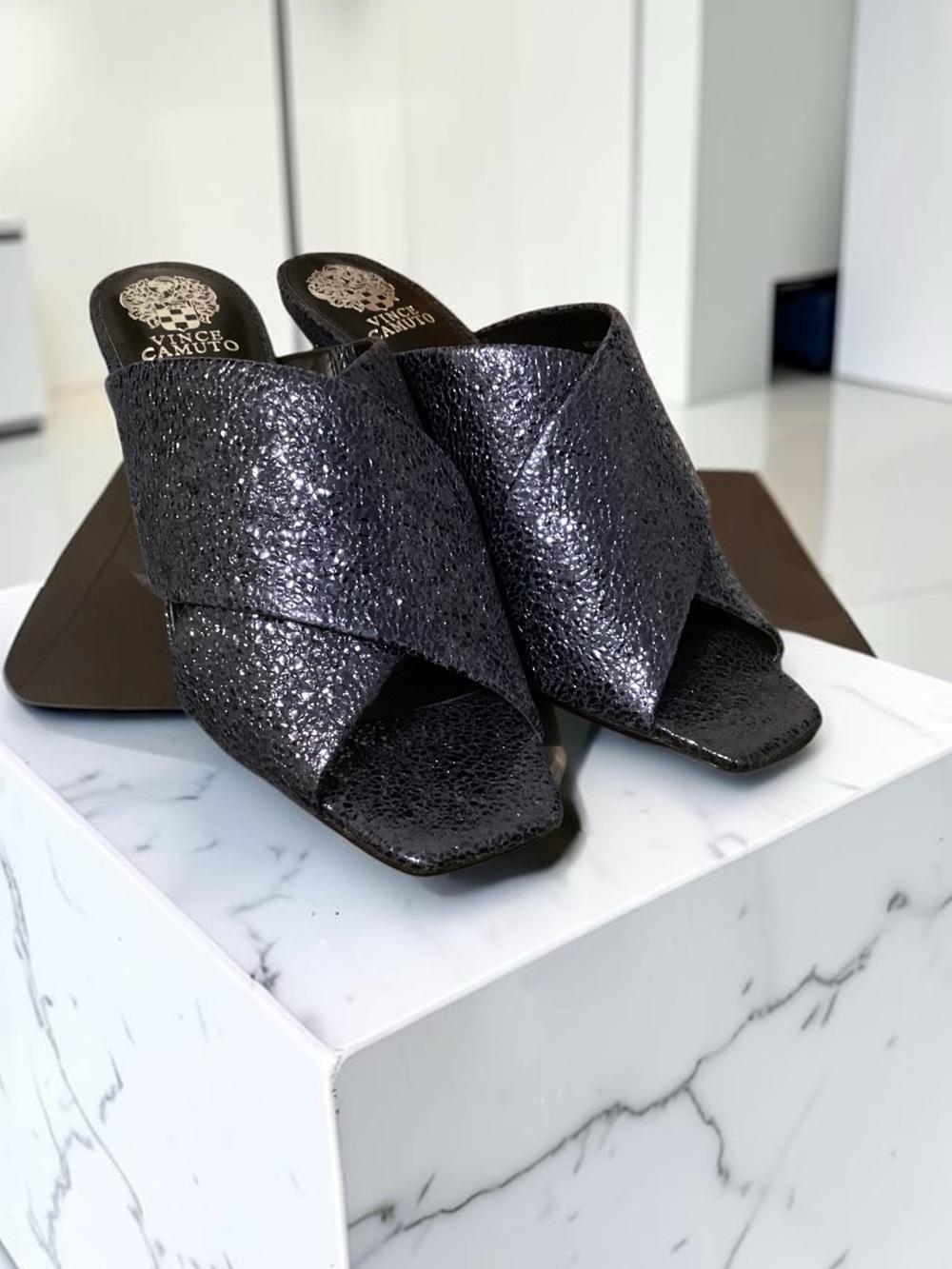 Vince Camuto Rehnya 11M Andromeda Metallic Goat Leather Mule Heels